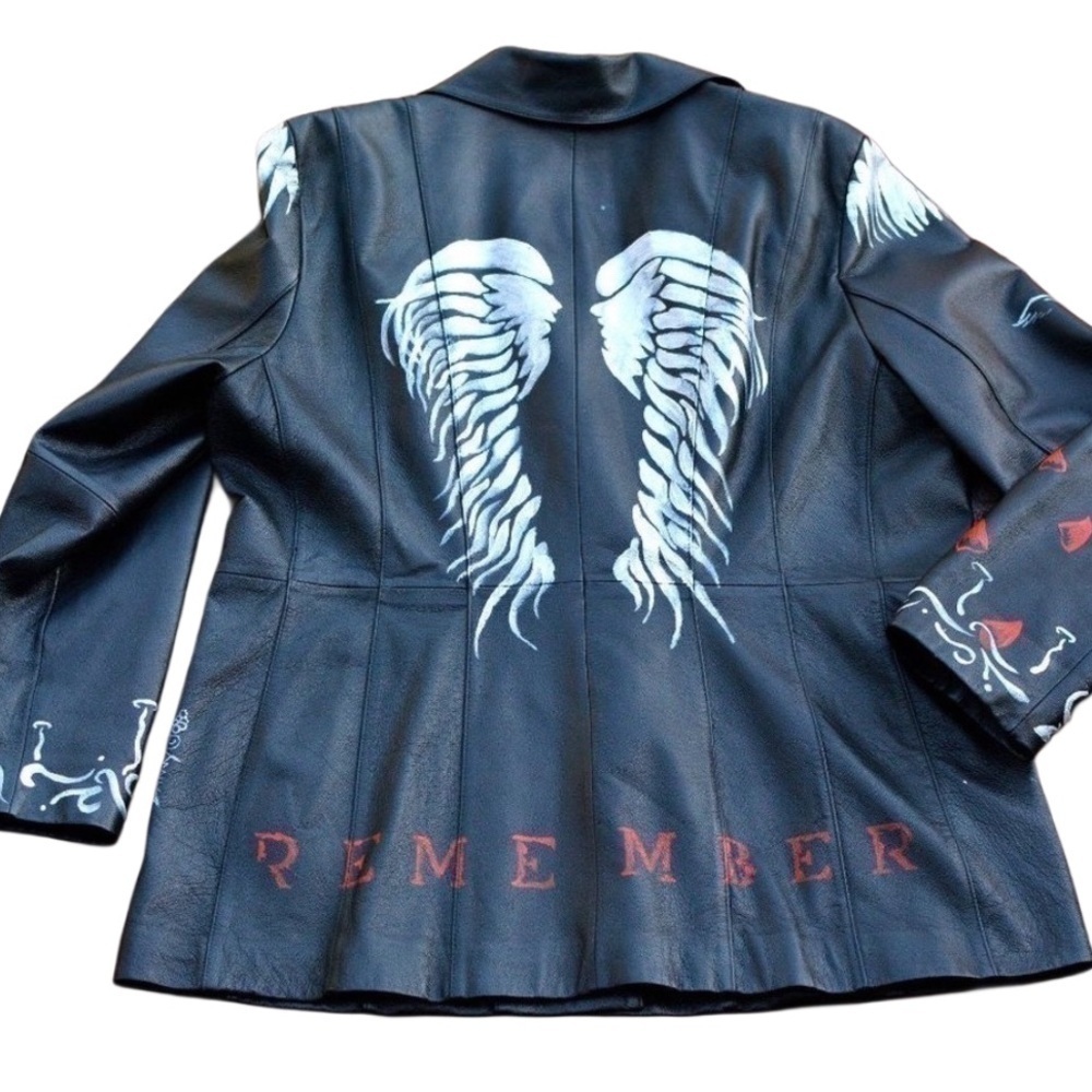 Vintage Black leather blazer with hand painted red, white wings and roses